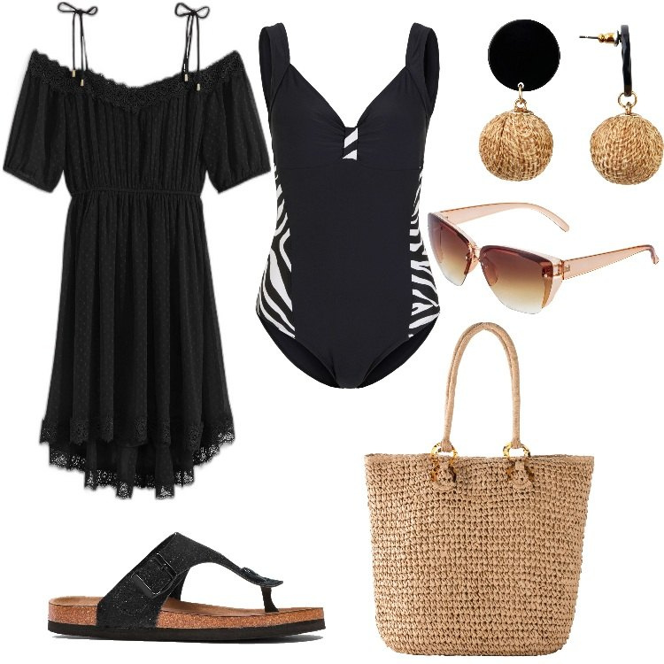 Outfit donna - Il costume con profili zebrati. Stile Glamour per Mare. Abbinamento con costumi interi, infradito, orecchini, occhiali da sole, vestiti, shopping bag.