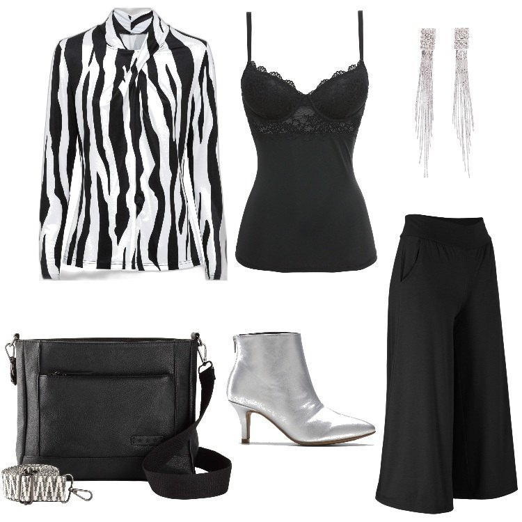 Outfit donna - Ritorno in ufficio. Stile Casual chic per Ufficio. Abbinamento con pantaloni culotte, canottiere, orecchini, borse a tracolla, maglieria, stivaletti.
