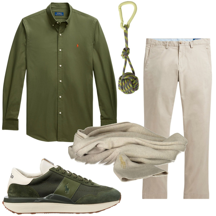 Outfit uomo - Look da giorno. Stile Casual per Tutti i giorni. Abbinamento con pantaloni, camicie, sneakers, sciarpe, portachiavi.