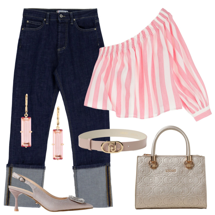 Outfit donna - Summer look #10. Stile Casual chic per Serata fuori. Abbinamento con jeans slim fit, camicie, orecchini, borse a spalla, scarpe col tacco, cinture.
