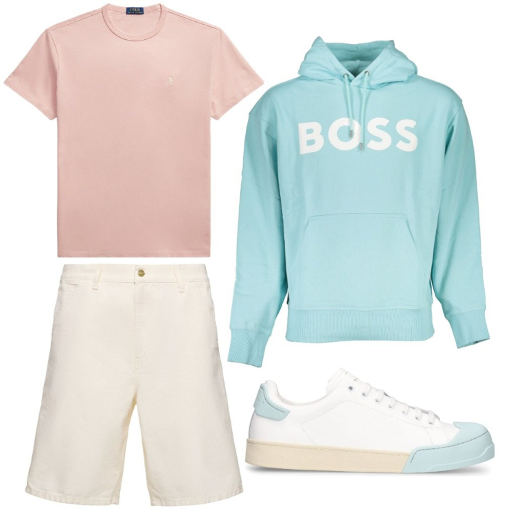 Outfit uomo - Giulio: pomeriggio delicato. Stile Urban per Tutti i giorni. Abbinamento con t-shirt, shorts, sneakers, felpe con cappuccio.