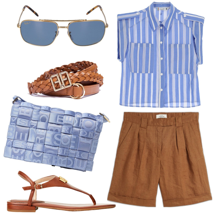 Outfit donna - Un giro in centro. Stile Casual chic per Tutti i giorni. Abbinamento con bermuda, cinture, camicie, sandali in pelle, occhiali da sole, borse a tracolla.