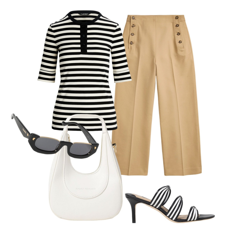 Outfit donna - Giglio summer sales. Stile Casual chic per Ufficio. Abbinamento con pantaloni, t-shirt, sandali col tacco, borse a mano, occhiali da sole.