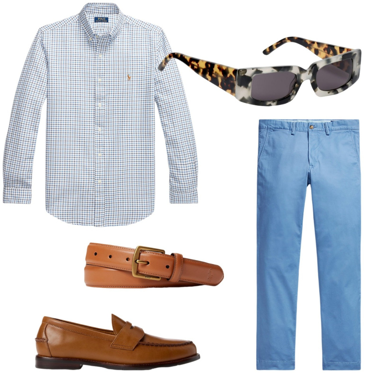 Outfit uomo - L\'accessorio tigrato. Stile Casual per Tutti i giorni. Abbinamento con cinture, scarpe stringate, camicie, pantaloni, occhiali da sole.