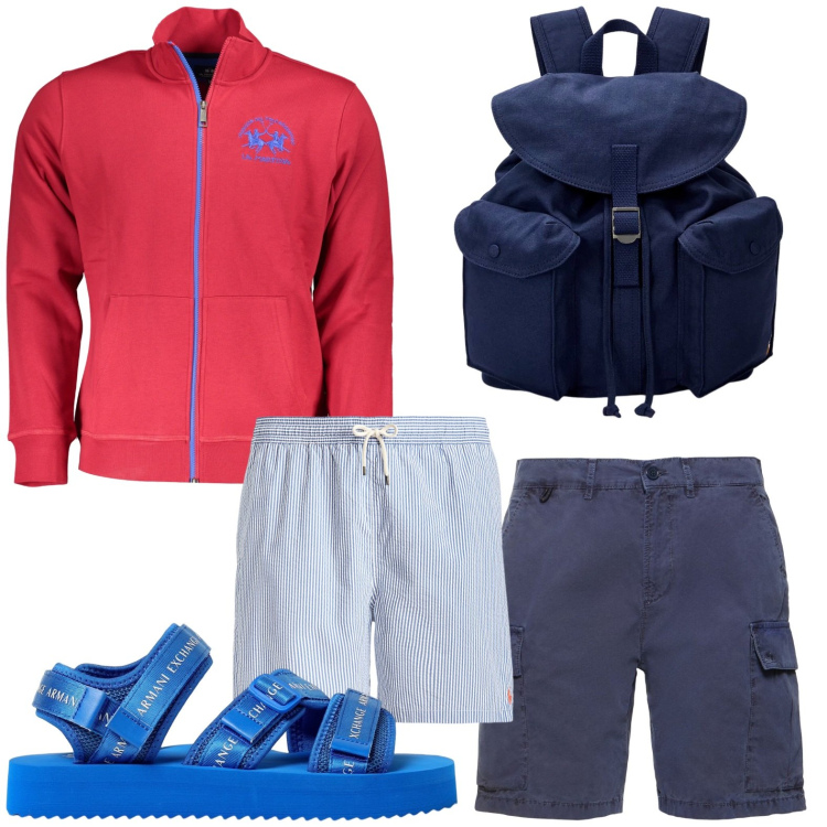 Outfit uomo - In campeggio al mare. Stile Casual per Tutti i giorni. Abbinamento con borse sportive, costumi, shorts, felpe, sandali.