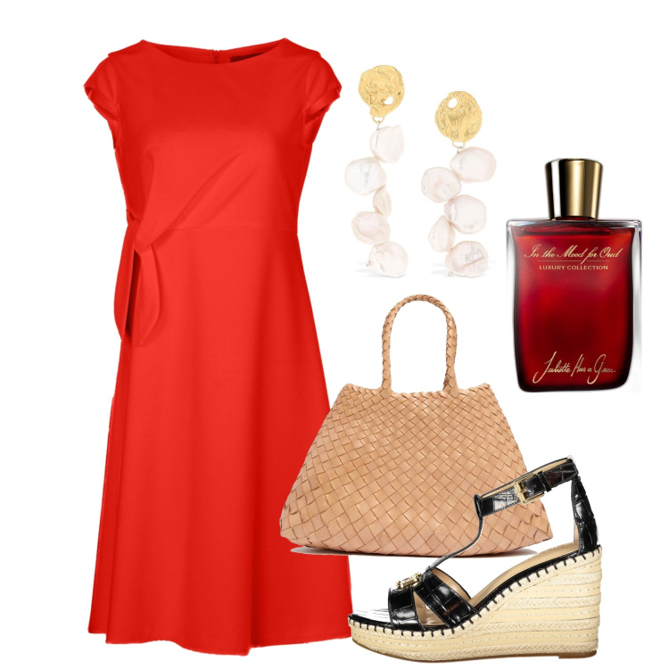 Outfit donna - Cordoba. Stile Chic per Tutti i giorni. Abbinamento con profumi, vestiti midi/longuette, sandali, orecchini, borse a mano.