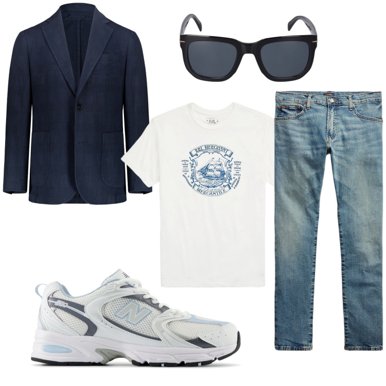 Outfit uomo - Jeans e giacca. Stile Casual per Tutti i giorni. Abbinamento con sneakers, jeans, t-shirt, giacche, occhiali da sole.
