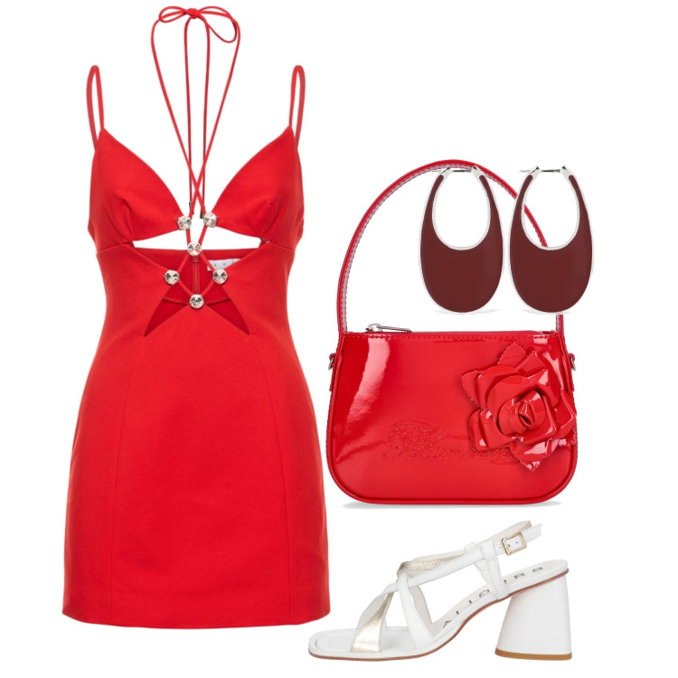 Outfit donna - Granada. Stile Chic per Serata fuori. Abbinamento con sandali in pelle, vestiti, orecchini, borse a mano.