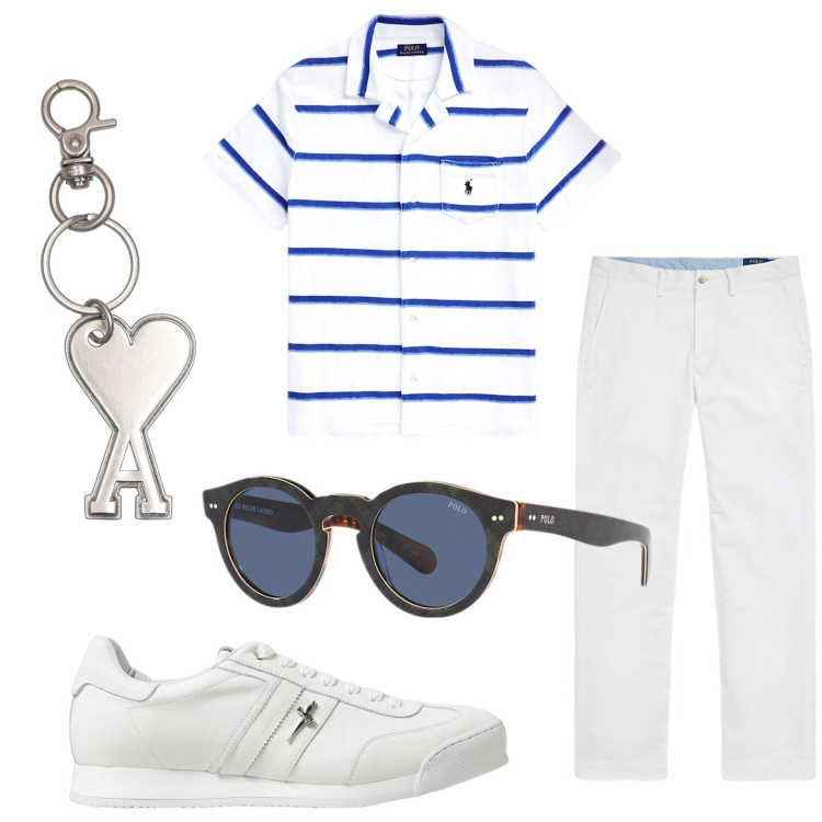 Outfit uomo - La maglia a righe. Stile Casual per Tutti i giorni. Abbinamento con pantaloni, occhiali da sole, camicie, portachiavi, sneakers.