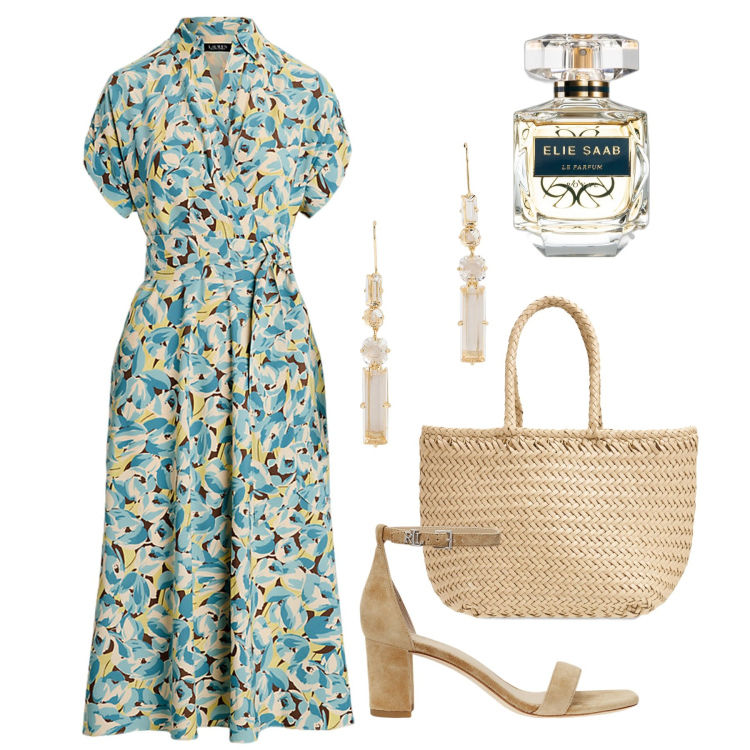 Outfit donna - Almeria. Stile Bon Ton per Tutti i giorni. Abbinamento con profumi, vestiti, sandali col tacco, orecchini, borse a mano.