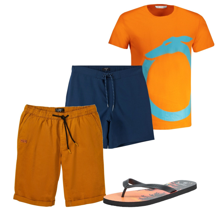 Outfit uomo - Curcuma. Stile Casual per Mare. Abbinamento con bermuda, sandali, costumi, t-shirt.