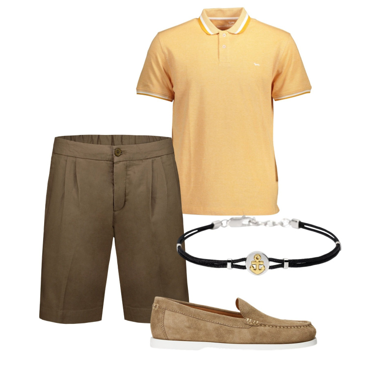 Outfit uomo - Pomeriggio. Stile Casual per Tutti i giorni. Abbinamento con braccialetti, scarpe stringate, polo, bermuda.