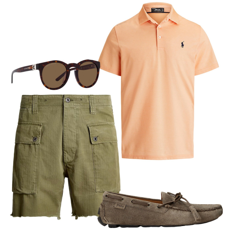 Outfit uomo - Orli sfrangiati. Stile Urban per Tutti i giorni. Abbinamento con scarpe stringate, occhiali da sole, polo, shorts.