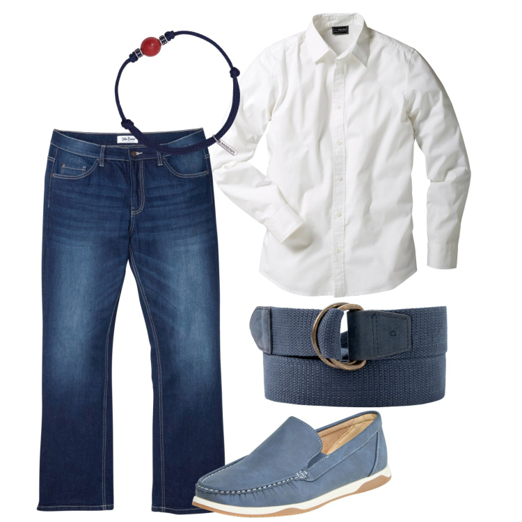 Outfit uomo - Vicino al mare. Stile Casual per Tutti i giorni. Abbinamento con camicie, jeans bootcut, scarpe stringate, braccialetti, cinture.