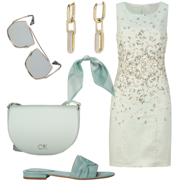 Outfit donna - Monocromatica. Stile Chic per Serata fuori. Abbinamento con vestiti a tubino, orecchini, sandali in pelle, foulard, occhiali da sole, borse a tracolla.