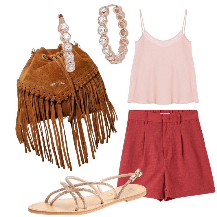 Outfit donna - Shorts & top. Stile Boho per Tutti i giorni. Abbinamento con bermuda, sandali, orecchini, top, borse a secchiello.