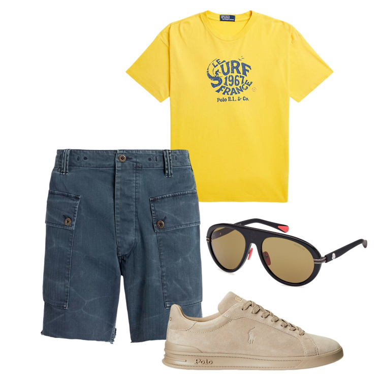 Outfit uomo - Surf. Stile Casual per Tutti i giorni. Abbinamento con sneakers, t-shirt, shorts, occhiali da sole.