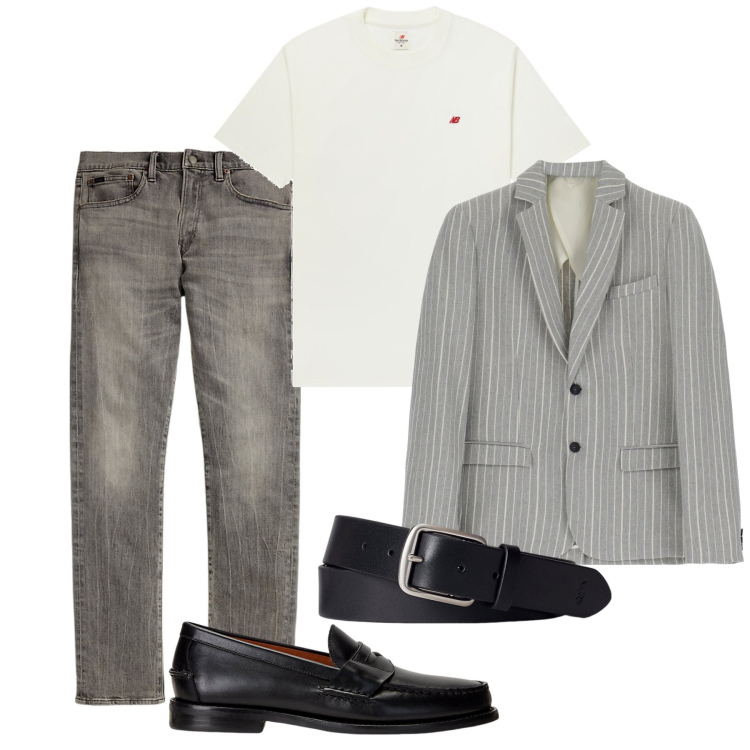 Outfit uomo - Cura dei dettagli. Stile Trendy per Serata speciale. Abbinamento con t-shirt, giacche, scarpe stringate, cinture, jeans.