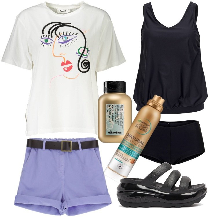 Outfit donna - Total look #1923222. Stile Trendy per Mare. Abbinamento con costumi interi, terre, ciprie, shorts, t-shirt, ciabatte.