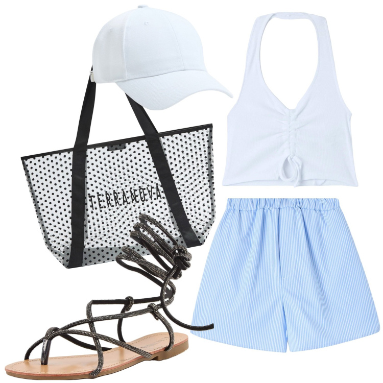 Outfit donna - Shorts & top. Stile Sporty chic per Tutti i giorni. Abbinamento con cappelli, sandali alla schiava, shorts, top, shopping bag.