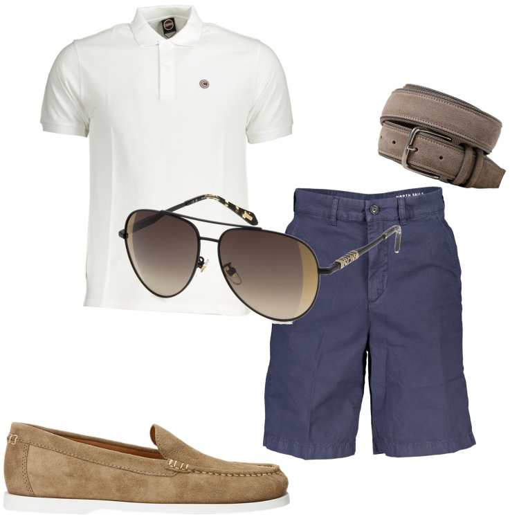 Outfit uomo - In città. Stile Casual per Tutti i giorni. Abbinamento con scarpe stringate, polo, cinture, occhiali da sole, bermuda.
