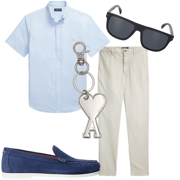 Outfit uomo - In ufficio. Stile Casual per Ufficio. Abbinamento con scarpe stringate, camicie a manica corta, pantaloni chino, portachiavi, occhiali da sole.