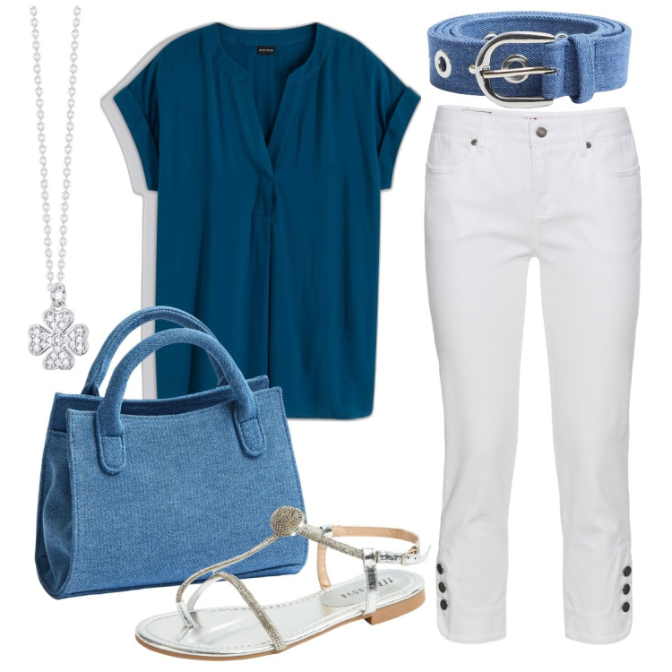 Outfit donna - Capri. Stile Casual chic per Serata fuori. Abbinamento con bluse, jeans slim fit, borse a tracolla, ciabatte, cinture, collane.