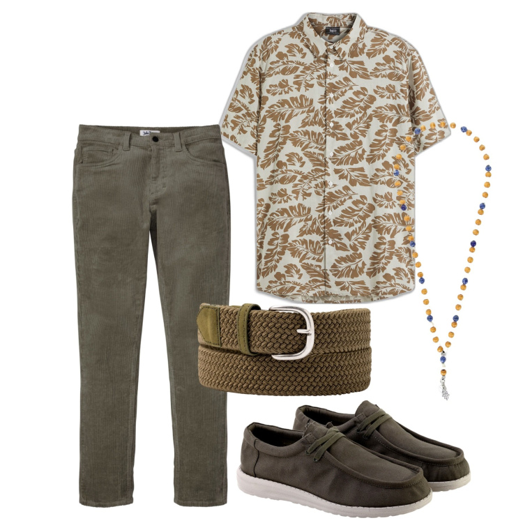 Outfit uomo - Foglie. Stile Casual per Tutti i giorni. Abbinamento con pantaloni, camicie a manica corta, collane, scarpe stringate, cinture.