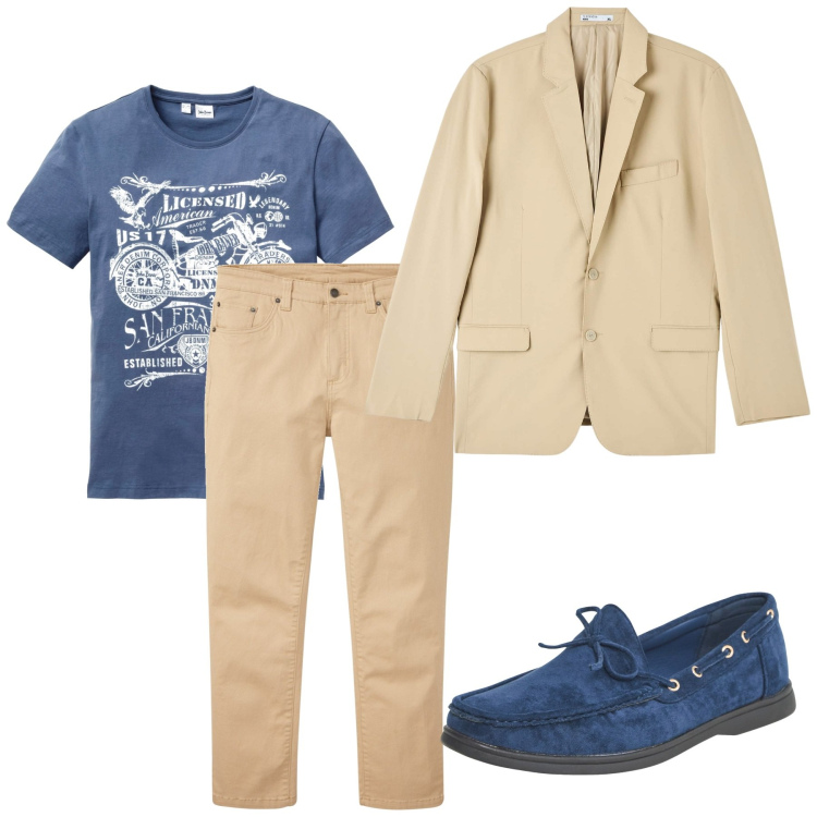 Outfit uomo - Blu e beige. Stile Trendy per Tutti i giorni. Abbinamento con pantaloni, t-shirt, giacche, scarpe stringate.