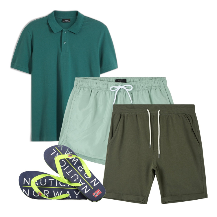 Outfit uomo - Polo verde. Stile Casual per Mare. Abbinamento con polo, costumi, shorts, sandali.