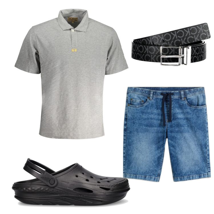 Outfit uomo - Polo grigia. Stile Urban per Tutti i giorni. Abbinamento con bermuda, cinture, sandali, polo.