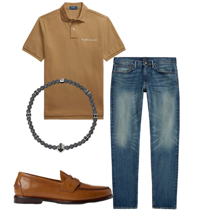 Outfit uomo - Polo nocciola. Stile Casual per Tutti i giorni. Abbinamento con braccialetti, scarpe stringate, jeans, polo.