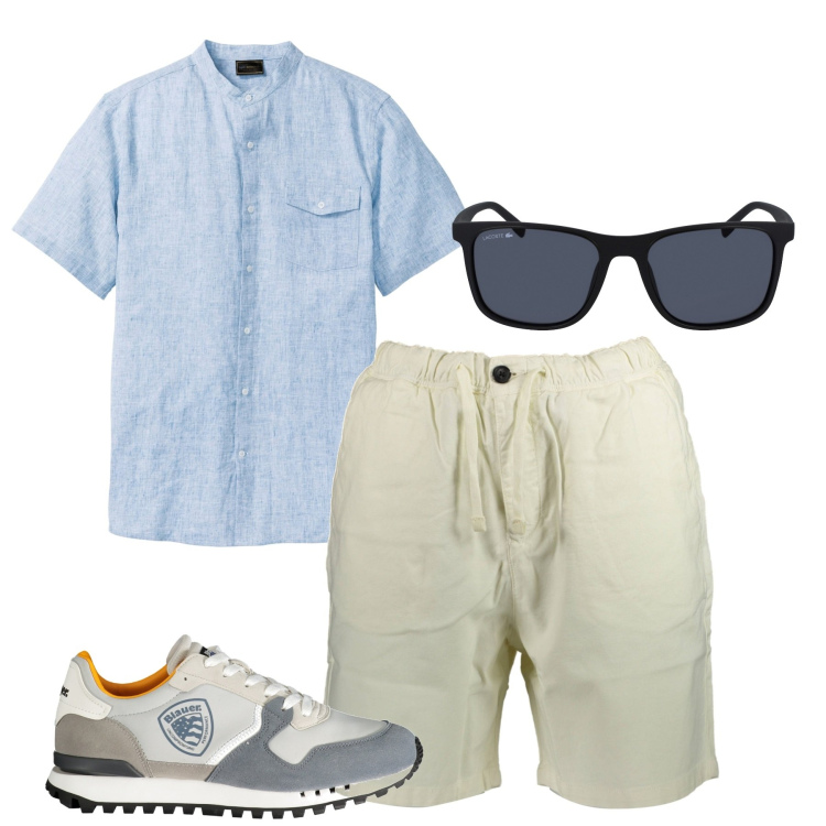Outfit uomo - Azzurrino. Stile Casual per Tutti i giorni. Abbinamento con camicie a manica corta, bermuda, occhiali da sole, sneakers.