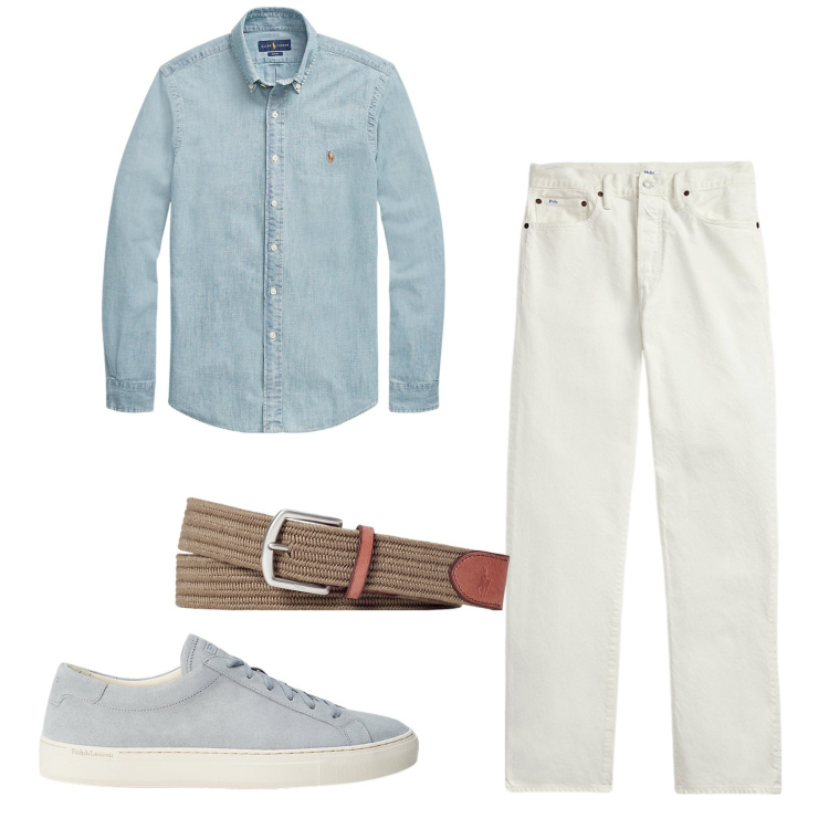Outfit uomo - Chiaro. Stile Casual per Tutti i giorni. Abbinamento con cinture, jeans dritti, camicie, sneakers.