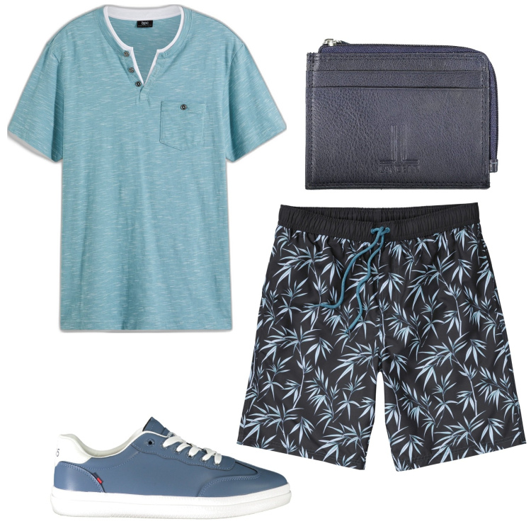 Outfit uomo - Vacanza. Stile Casual per Tutti i giorni. Abbinamento con t-shirt, pantaloni corti, sneakers, portamonete.