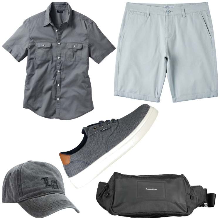 Outfit uomo - Festa all\'aperto. Stile Casual Abbinamento con camicie a manica corta, bermuda, cappelli, sneakers, borse sportive.