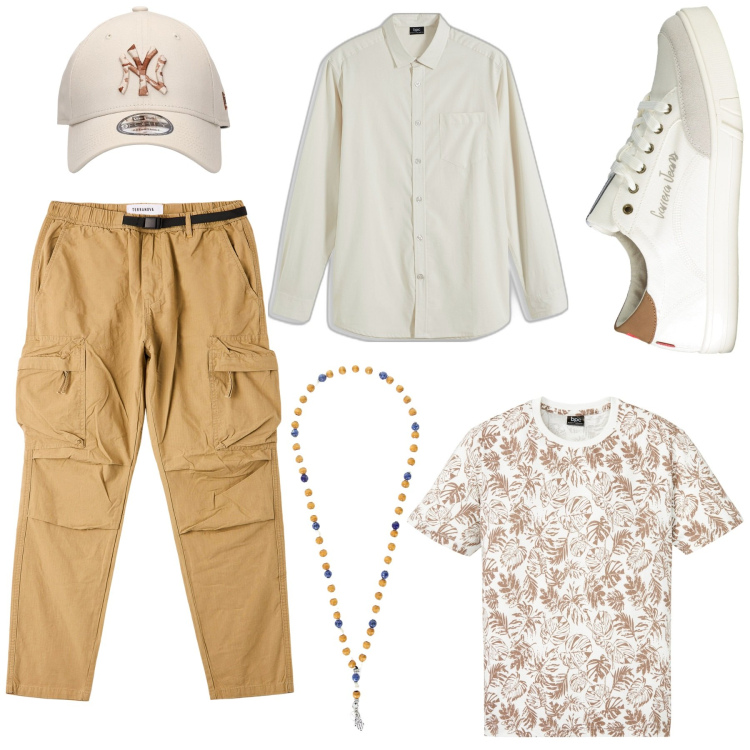 Outfit uomo - Fuori dagli schemi. Stile Urban Abbinamento con t-shirt, camicie, pantaloni cargo, collane, cappelli, sneakers.