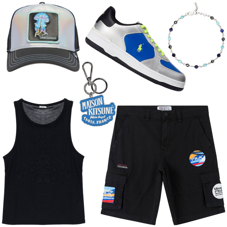 Outfit uomo - Bravo ragazzo. Stile Urban Abbinamento con braccialetti, canottiere, sneakers, bermuda, portachiavi, cappelli.