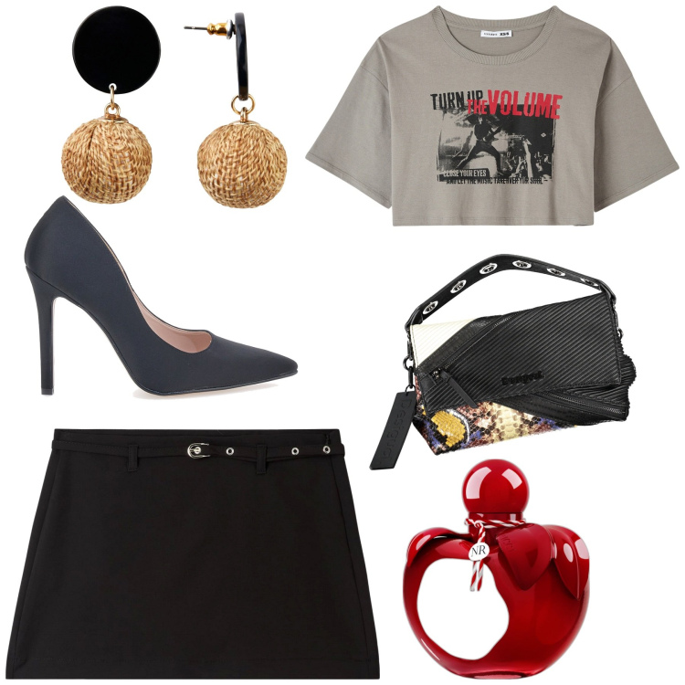 Outfit donna - Giovane, forte e seducente. Stile Trendy per Serata fuori. Abbinamento con orecchini, profumi, t-shirt, minigonne, décolleté, collane.
