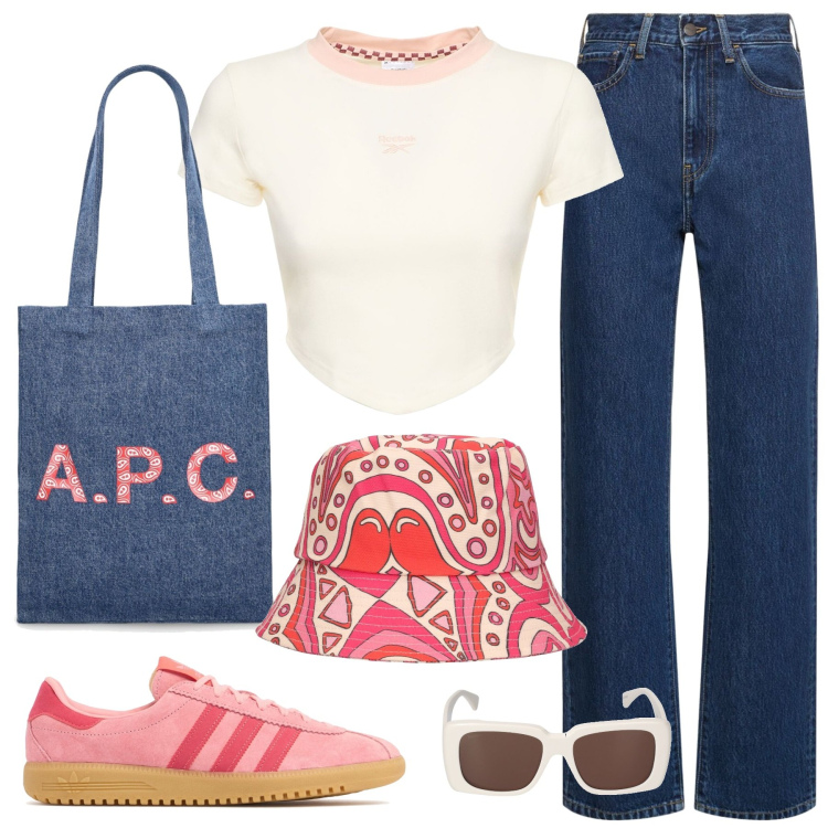 Outfit donna - Summer look #12. Stile Casual per Tutti i giorni. Abbinamento con t-shirt, jeans dritti, cappelli, shopping bag, occhiali da sole, sneakers.