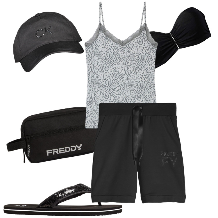Outfit donna - Fresco lunedì mattina. Stile Casual chic per Tutti i giorni. Abbinamento con infradito, reggiseni a balconcino, top, pantaloni corti, valigie, cappelli con visiera.