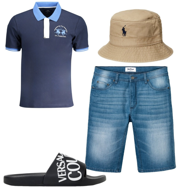 Outfit uomo - Total look #1923295. Stile Trendy per Tutti i giorni. Abbinamento con bermuda, cappelli, sandali, polo.