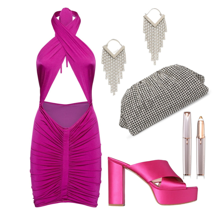 Outfit donna - Ghost outfitter - luglio. Stile Glamour per Serata fuori. Abbinamento con blush, sandali in pelle, vestiti, pochette, orecchini.
