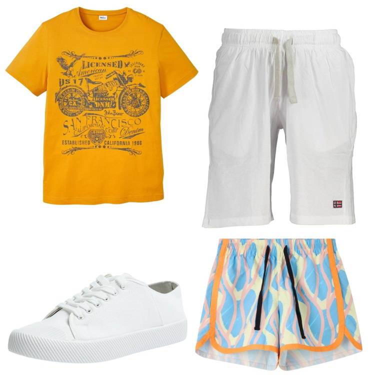 Outfit uomo - Total look #1923302. Stile Trendy per Mare. Abbinamento con t-shirt, costumi, sneakers, bermuda.
