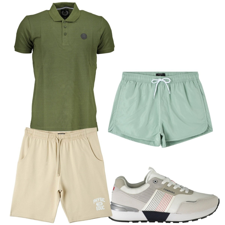 Outfit uomo - Total look #1923306. Stile Trendy per Mare. Abbinamento con costumi, bermuda, polo, sneakers.