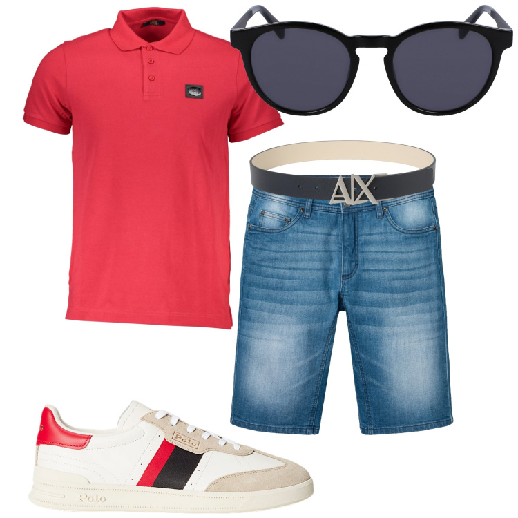 Outfit uomo - La Polo rossa. Stile Casual per Tutti i giorni. Abbinamento con bermuda, sneakers, polo, occhiali da sole, cinture.