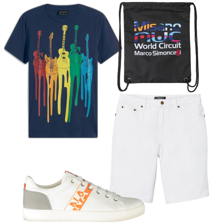 Outfit uomo - Total look #1923313. Stile Trendy per Tutti i giorni. Abbinamento con bermuda, t-shirt, borse sportive, sneakers.