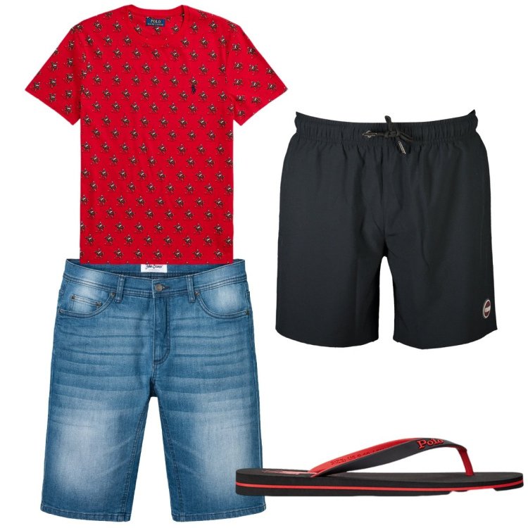 Outfit uomo - Total look #1923314. Stile Trendy per Mare. Abbinamento con bermuda, sandali, t-shirt, costumi.
