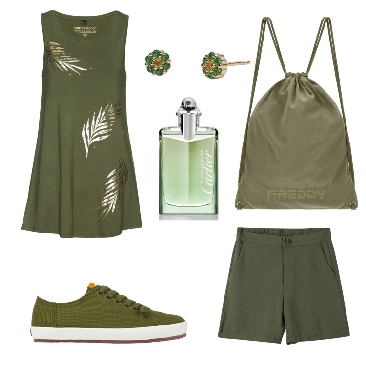 Outfit donna - In verde. Stile Military per Tutti i giorni. Abbinamento con top, profumi, bermuda, orecchini, zaini, sneakers.