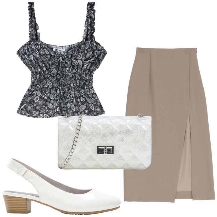 Outfit donna - Total look #1923329. Stile Glamour per Tutti i giorni. Abbinamento con décolleté, borse a tracolla, top, gonne longuette.